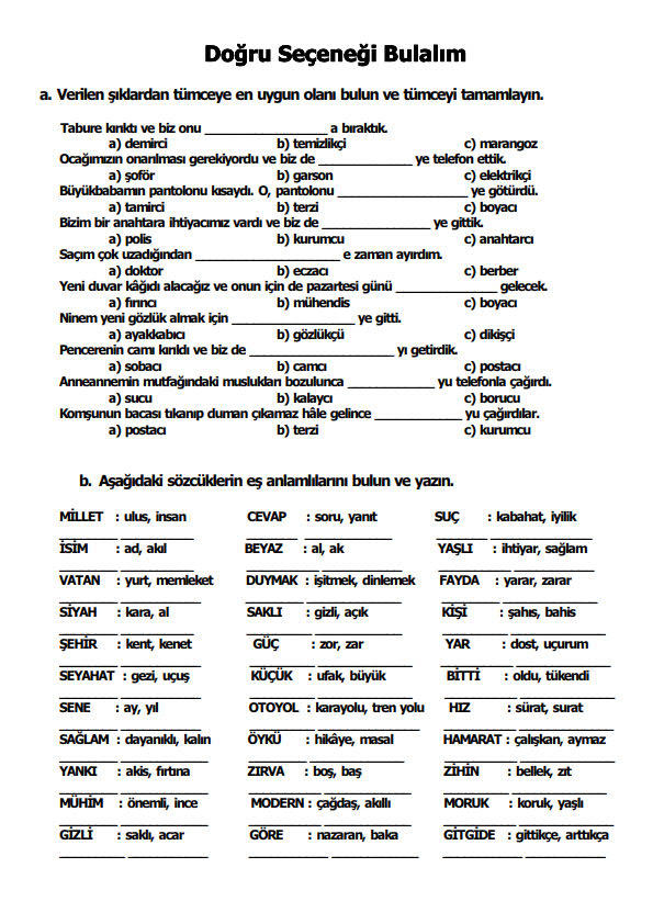 doğru seçeneği bulalım çalışma kağıdı