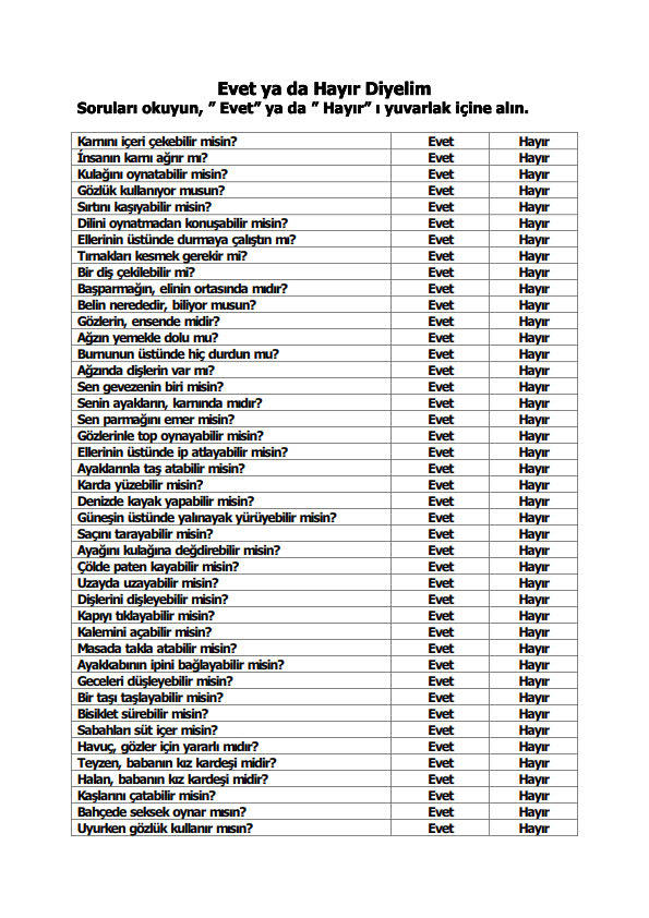evet-hayır çalışma kağıdı