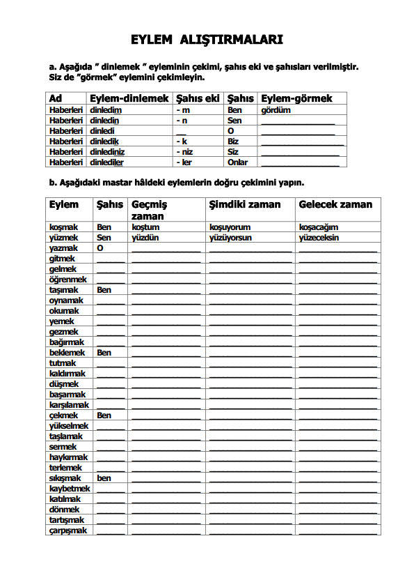 fiil alıştırmaları çalışma kağıdı