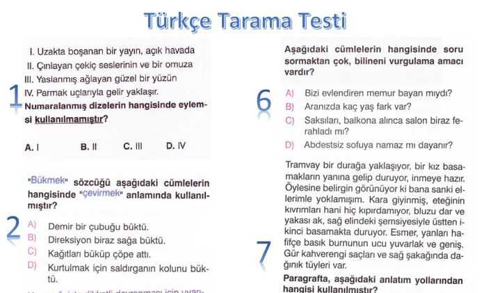 8. Sınıf Türkçe Tarama Testi (2. Dönem TEOG Öncesi)