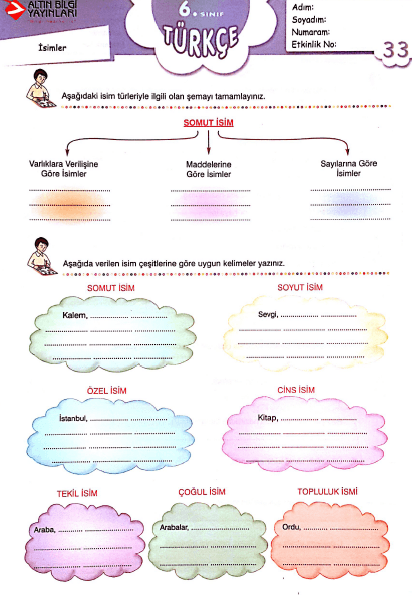 İsimler 6. Sınıf Çalışma Kağıdı