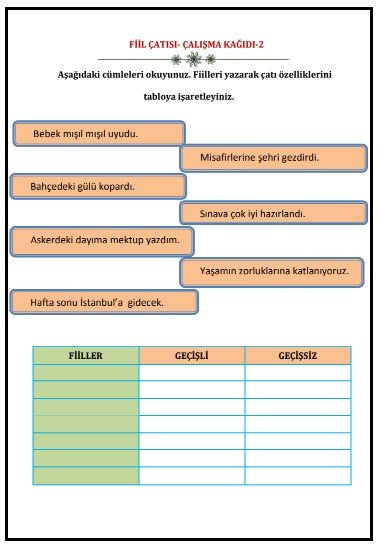 fiil çatısı-2 çalışma kağıdı