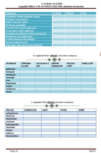 fiillerin anlam özelliği-4 çalışma kağıtları