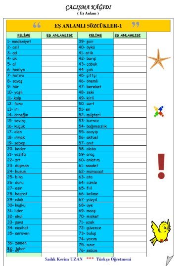 eş anlam-4 çalışma kağıdı