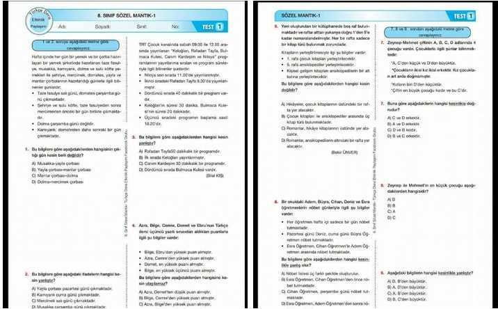 8. Sınıf Sözel Mantık Testi İndir