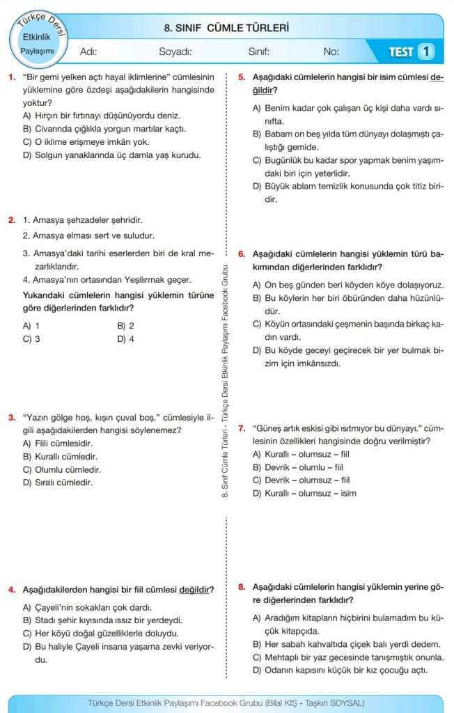 8 Sinif Cumle Turleri Testi Indir Turkceci Net Turkce Testleri