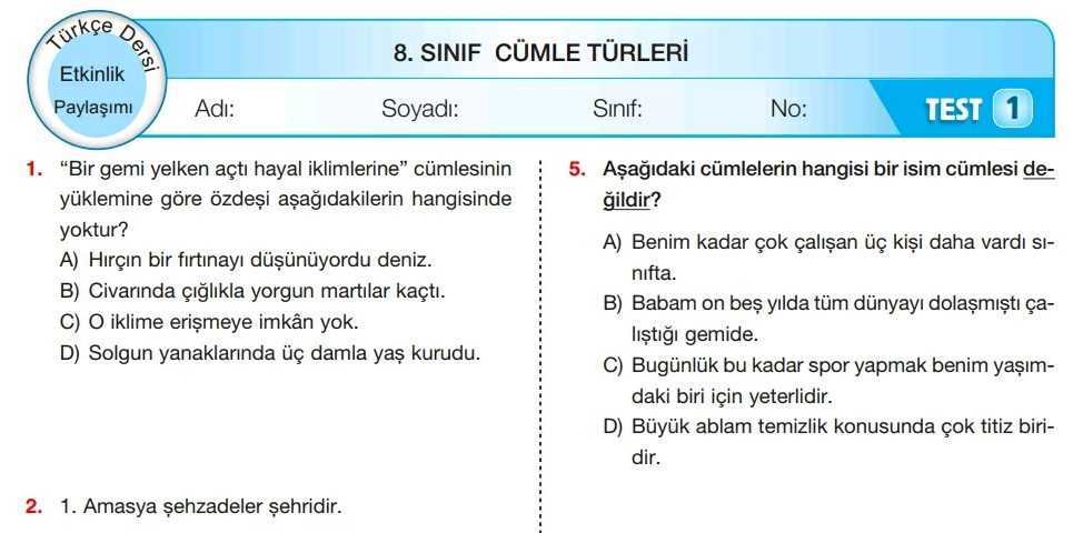 8 Sınıf Cümle Türleri Testi İndir