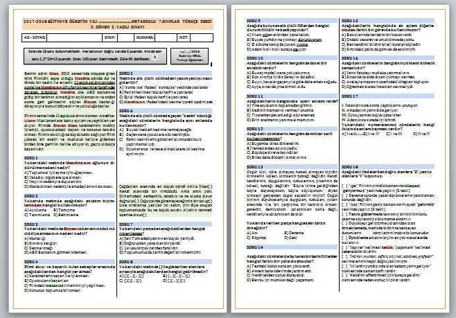 7. Sınıf Türkçe 2. Dönem 2. Yazılı (2018)