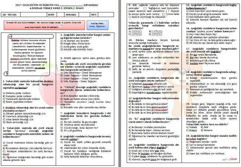 6. Sınıf Türkçe 2. Dönem 2. Yazılı Sınavı