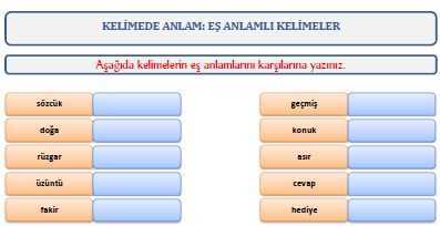 Eş Anlamlı Kelimeler Çalışma Kağıdı