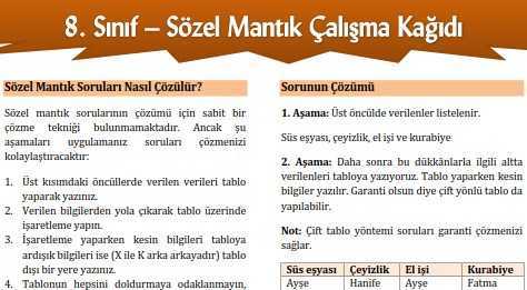 8. Sınıf Sözel Mantık Çalışma Kağıdı