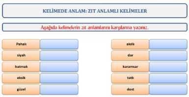 Zıt Anlamlı Kelimeler Çalışma Kağıdı