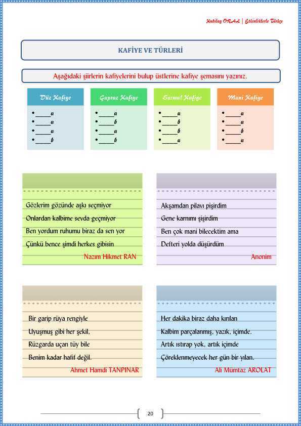 Kafiye Türleri Çalışma Kağıdı