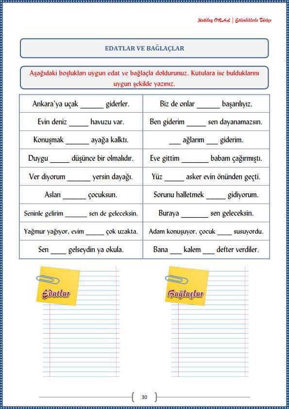 Edatlar ve Bağlaçlar Çalışma Kağıdı