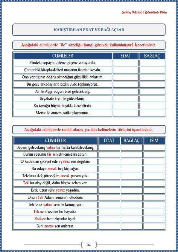 Edat – Bağlaç – Ünlem Çalışma Kağıdı