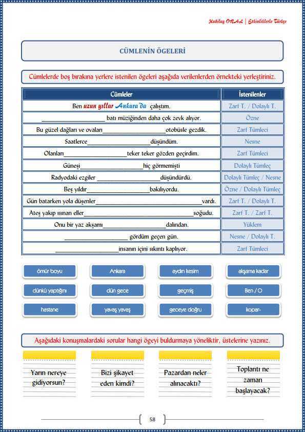 Cümlenin Ögeleri Çalışma Kağıdı