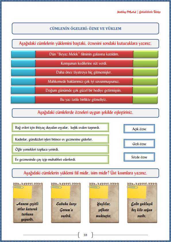 Özne ve Yüklem Çalışma Kağıdı