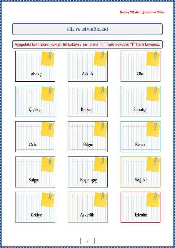 Fiil ve isim kökleri Çalışma Kağıdı