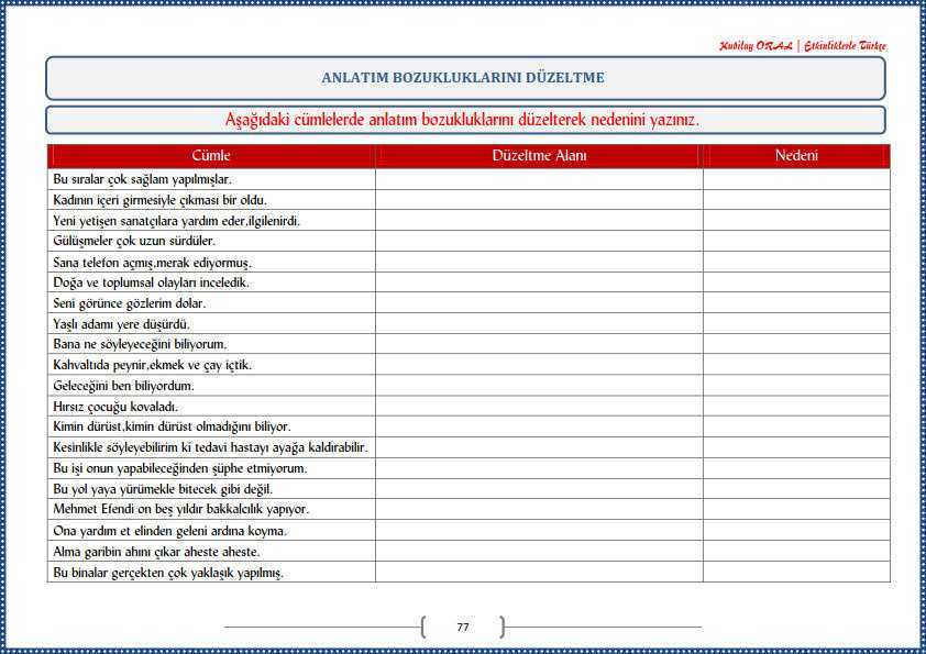 Anlatım Bozukluklarını Düzeltme Çalışma Kağıdı