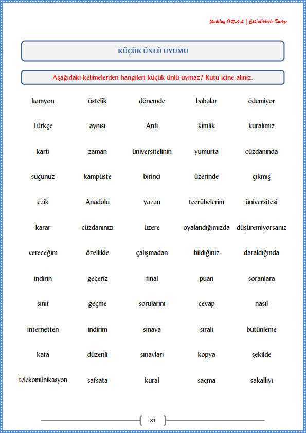 Kucuk Unlu Uyumu Calisma Kagidi Turkceci Net Turkce Testleri