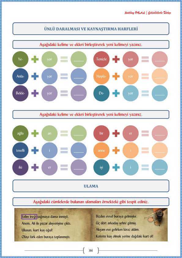 Ünlü Daralması Ve Kaynaştırma Harfleri Çalışma Kağıdı