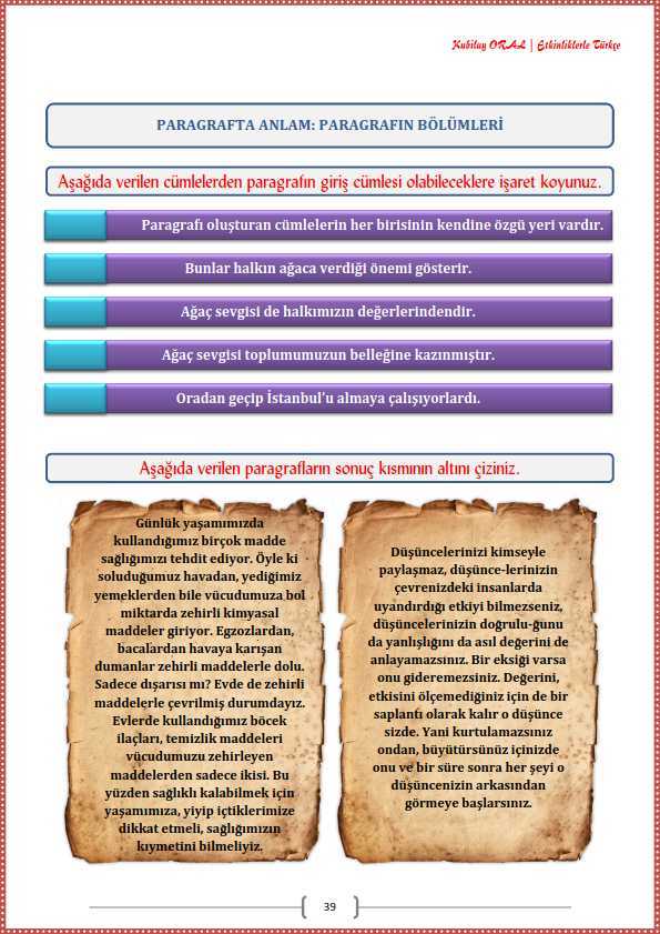 Paragrafın Bölümleri – Giriş Gelişme Sonuç Çalışma Kağıdı