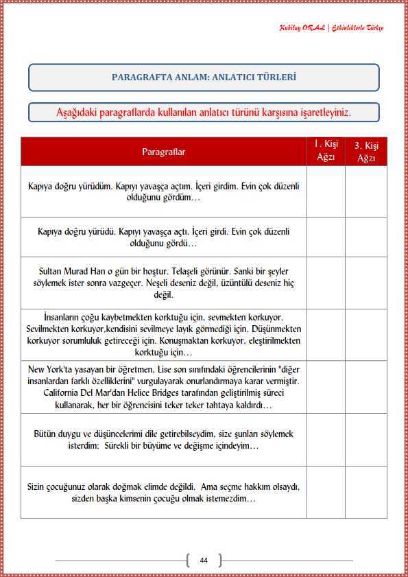 Paragrafta Anlatıcı Türleri Çalışma Kağıdı