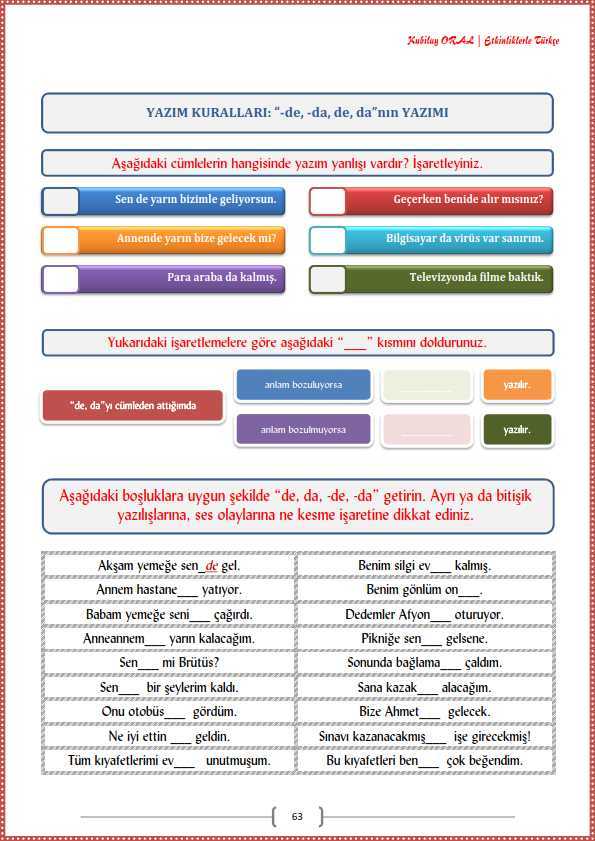 De’nin ve Ki’nin Yazımı Çalışma Kağıdı