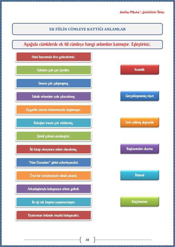 Ek Fiilin Cümleye Kattığı Anlamlar Çalışma Kağıdı