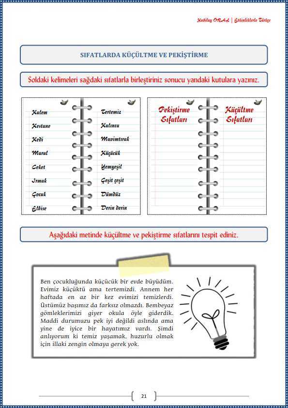 Sıfatlarda Küçültme Ve Pekiştirme Çalışma Kağıdı