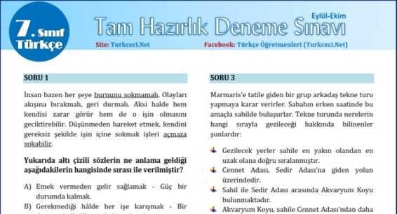 7. Sınıf Türkçe Deneme Sınavı (Tam Hazırlık-1)