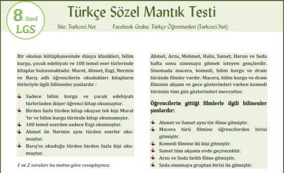 Sözel Mantık Testi İndir (8. Sınıf LGS – 2018)