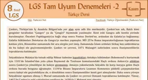 LGS Türkçe Tam Uyum Deneme Sınavı – 2 (Kasım 2018)