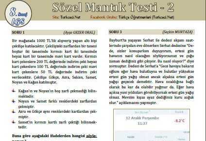 Sözel Mantık Testi – 2 (8. Sınıf LGS – 2018)