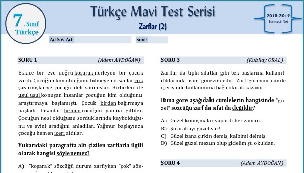 7. Sınıf Türkçe Mavi Test Serisi: Zarflar-2