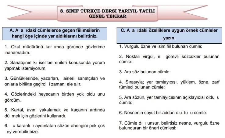 8. Sınıf Türkçe 1. Dönem Tekrar Kağıdı