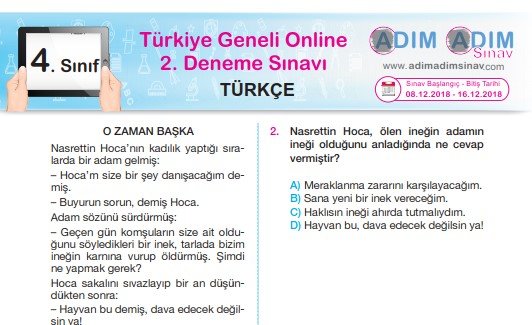 4. Sınıf Deneme Sınavı (Tüm Dersler) – Aralık 2018