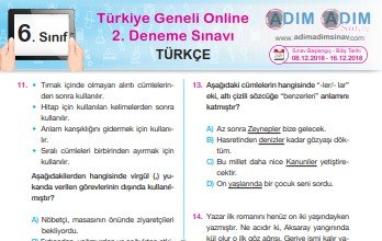 6. Sınıf Deneme Sınavı (Tüm Dersler) – Aralık 2018