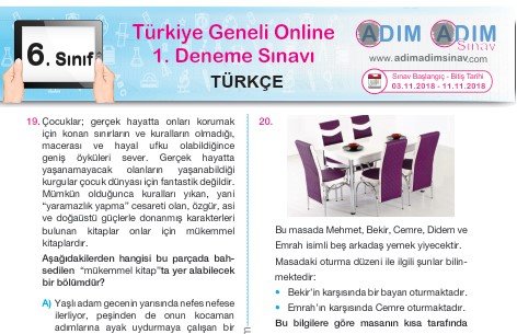 6. Sınıf Deneme Sınavı (Tüm Dersler) – Kasım 2018