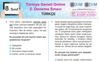 8. Sınıf Deneme Sınavı (Tüm Dersler) – Aralık 2018