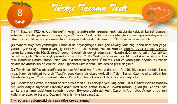 8. Sınıf Türkçe Tarama Testi (Şubat 2019)