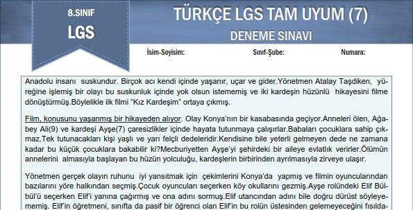 Türkçe LGS Tam Uyum Deneme Sınavı (7)