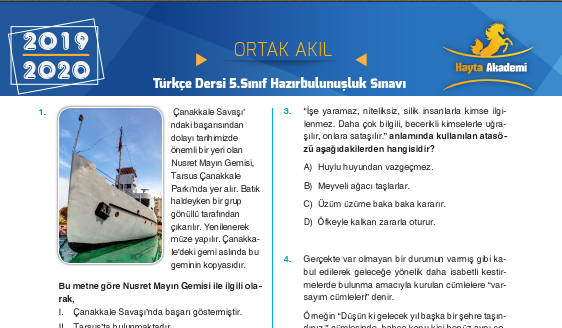 5. Sınıf Türkçe Hazırbulunuşluk Sınavı (2019-2020)