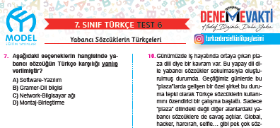 7. Sınıf Yabancı Sözcüklerin Türkçeleri Testi