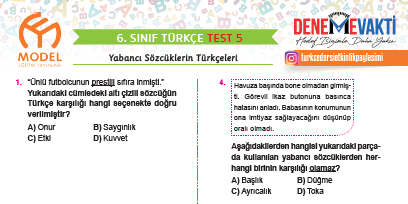 6. Sınıf Yabancı Sözcüklerin Türkçeleri Testi