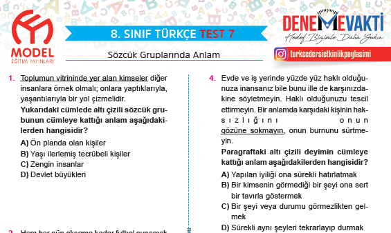 8. Sınıf Sözcük Gruplarında Anlam Testi