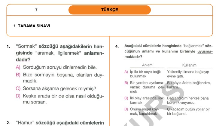 7. Sınıf Türkçe Tarama Testi – Aralık