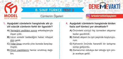 Cümlenin Ögeleri 6 Adet Test (Model Yayınları)