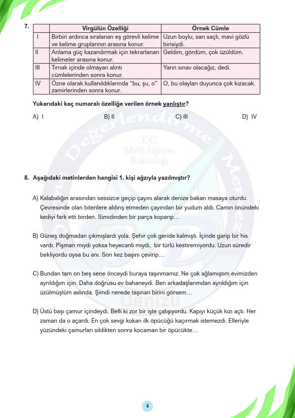 8 Sinif 1 Donem Genel Tekrar Testi Denizli Mem Turkceci Net Turkce Testleri