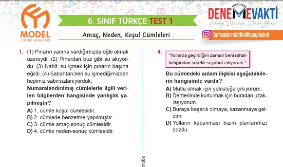 6. Sınıf Amaç, Neden, Koşul Cümleleri Testi